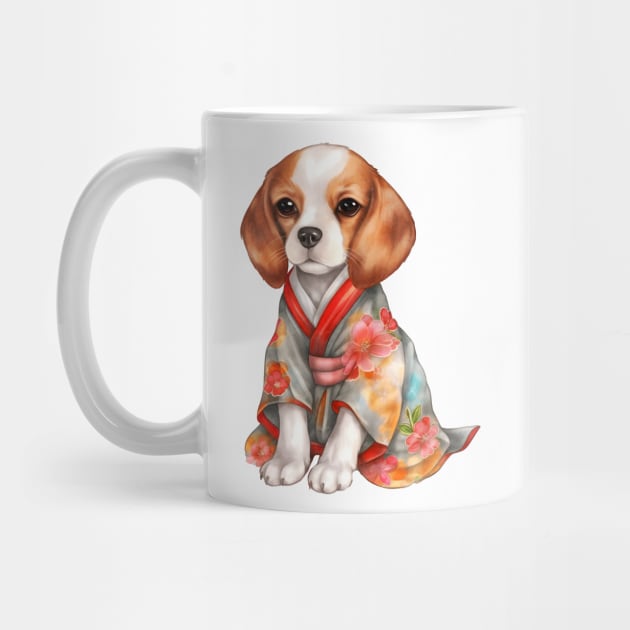 Watercolor Beagle Dog in Kimono by Chromatic Fusion Studio